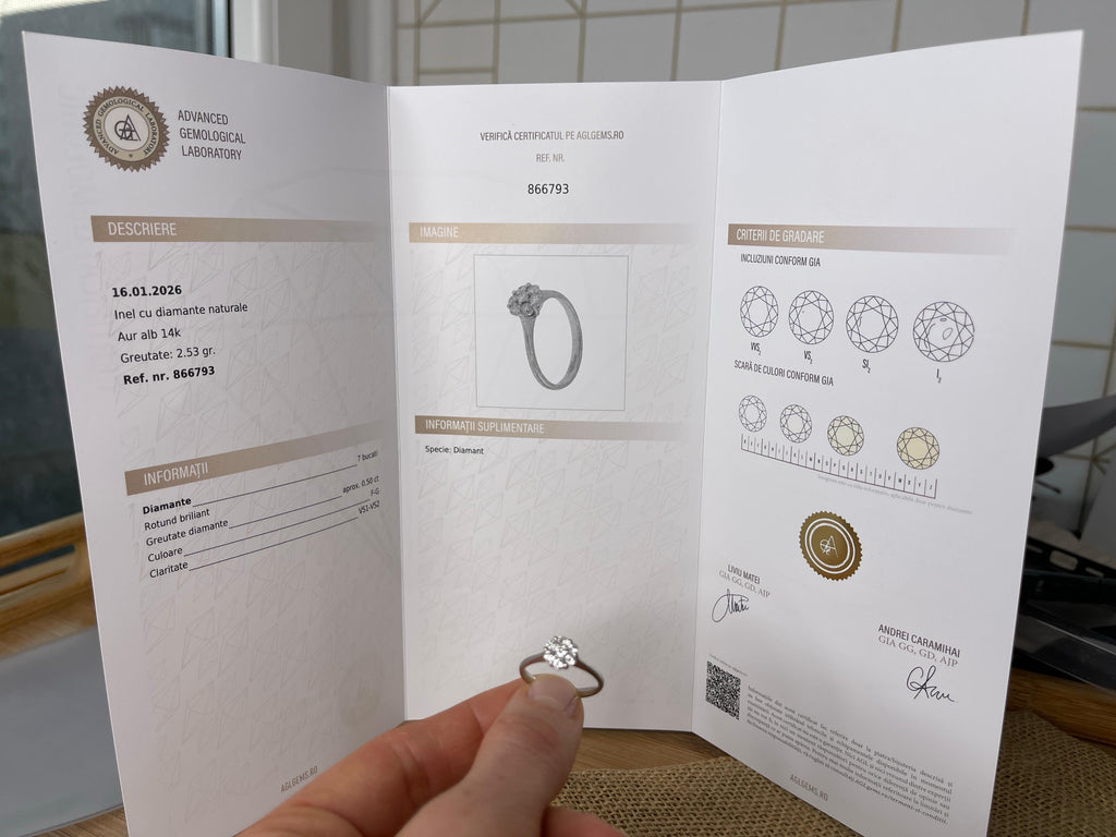 Inel Aur Alb 18k cu diamante - certificat