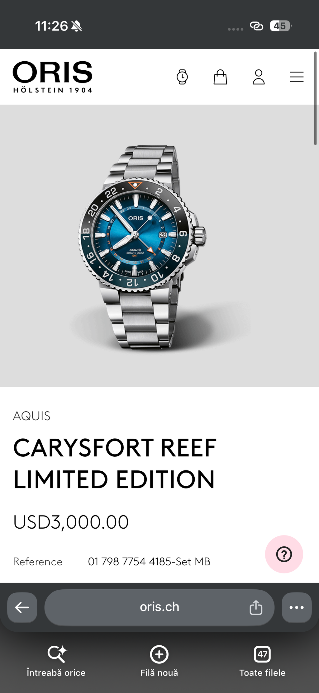 Oris Aquis GMT Carysfort 43.5mm - bezel ceramic - Ediție limitată - impecabil - Ref. 01 798 7754 4185-Set MB